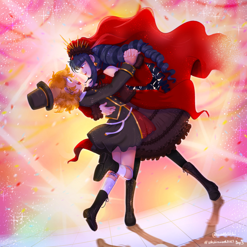 1boy 1girl :d absurdres alternate_costume artist_name black_boots black_dress black_hair blush boots buttons cape celestia_ludenberg confetti dancing danganronpa:_trigger_happy_havoc danganronpa_(series) danganronpa_10th_anniversary_costume dress drill_hair earrings eye_contact frilled_dress frills fujisaki_chihiro hat highres holding_hands jewelry layered_dress long_hair looking_at_another official_alternate_costume open_mouth orange_hair profile red_cape short_hair sidelocks smile socks teeth top_hat twin_drills twinklelitchii twintails upper_teeth_only white_socks