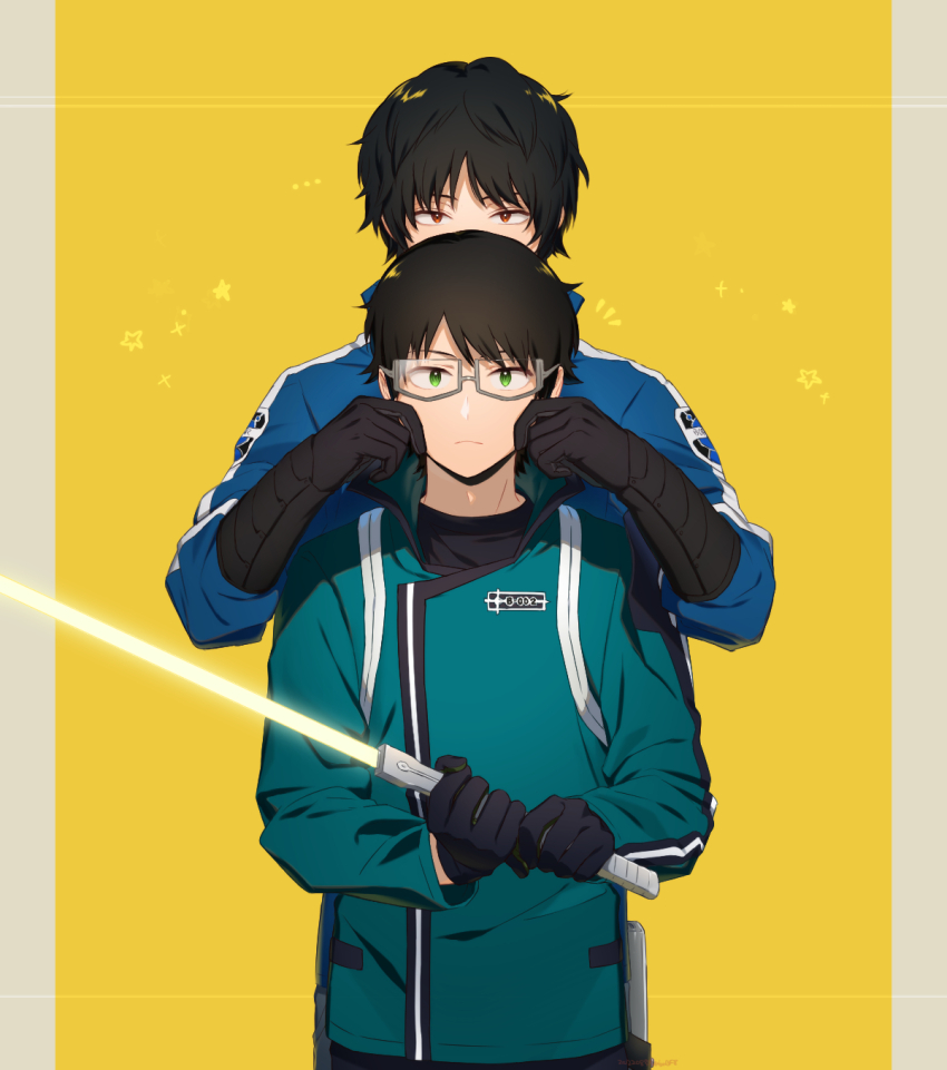 2boys aqua_jacket badge black_gloves black_shirt blue_jacket cheek_pinching closed_mouth covered_mouth frown futaba_08_cnmrl glasses gloves glowing glowing_sword glowing_weapon green_eyes hands_up height_difference highres holding holding_sword holding_weapon jacket karasuma_kyousuke long_sleeves male_focus mikumo_osamu mikumo_squad&#039;s_uniform multiple_boys pillarboxed pinching shirt short_hair simple_background straight-on sword upper_body weapon world_trigger yellow_background