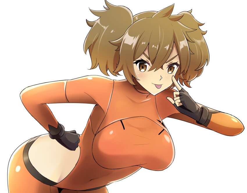 1girl absurdres bodysuit breasts highres large_breasts renee_costa solo sudhiro_sappurisa tongue tongue_out twitter white_background