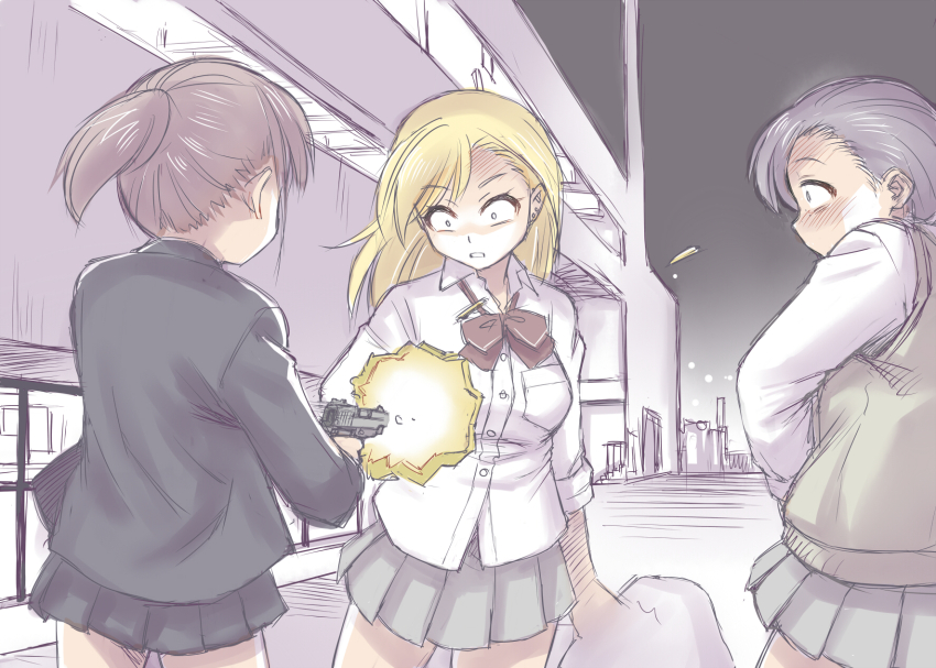 3girls black_hair blonde_hair brown_eyes brown_hair collateral commentary constricted_pupils ebifly firing gun handgun highres long_hair multiple_girls necktie original parody ponytail school_uniform short_ponytail weapon