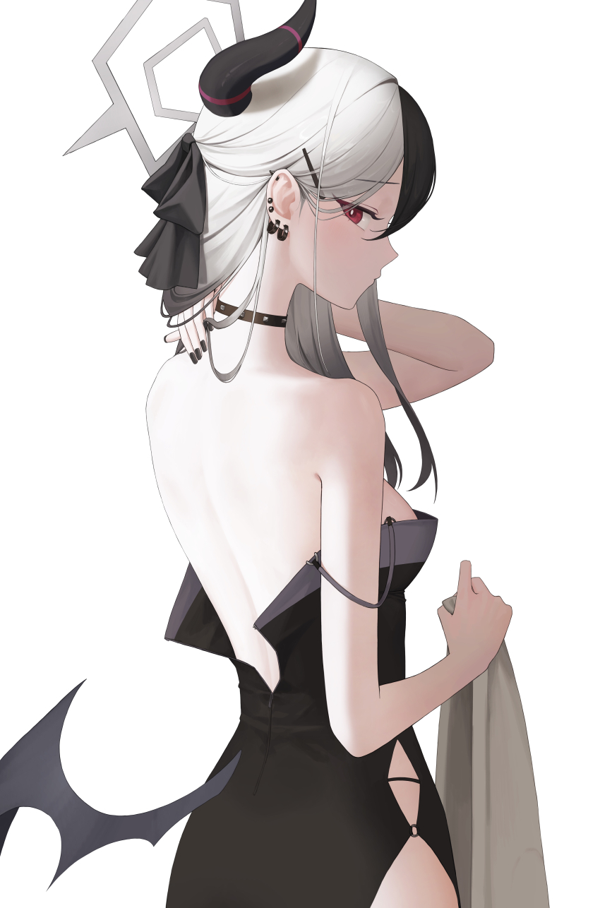 1girl absurdres back black_dress black_hair black_horns blue_archive bow comp_(guzz3837) demon_horns demon_wings diamond_necklace dress ear_piercing from_behind gradient_hair grey_halo hair_bow halo highres horns kayoko_(blue_archive) kayoko_(dress)_(blue_archive) long_hair looking_at_viewer multicolored_hair official_alternate_costume partially_unzipped piercing single_wing solo strap_slip studded_choker two-tone_hair white_background white_hair wings
