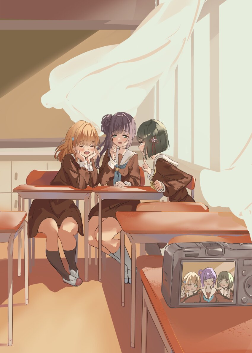 3girls :d ^_^ absurdres aqua_neckerchief black_hair black_socks blunt_bangs blunt_ends blush bob_cut brown_dress cerise_bouquet chair classroom closed_eyes closed_mouth commentary_request curtains desk dress flower full_body green_eyes hair_bun hair_flower hair_ornament hasu_no_sora_school_uniform highres hinoshita_kaho in-universe_location indoors kneehighs link!_like!_love_live! long_hair long_sleeves looking_at_another love_live! medium_dress medium_hair momose_ginko multiple_girls neckerchief nekomaru_nisei open_mouth orange_hair otomune_kozue pink_flower pleated_dress profile purple_hair rabbit_hair_ornament red_shoes sailor_collar sailor_dress school_chair school_desk school_uniform shoes side_ponytail single_side_bun sitting smile socks two_side_up uwabaki virtual_youtuber white_sailor_collar white_socks window winter_uniform yellow_neckerchief