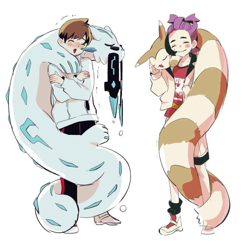2boys black_hair black_pants brown_hair chien-pao closed_eyes cold florian_(pokemon) full_body furret gen_2_pokemon jacket kieran_(pokemon) long_sleeves male_focus mole mole_on_neck multiple_boys nintendo open_clothes open_jacket open_mouth pants pokemon pokemon_(creature) pokemon_sv purple_hair red_tank_top runny_nose shoes shorts simple_background snot socks standing tank_top trembling uzura_syouyu white_background white_footwear white_jacket white_shorts
