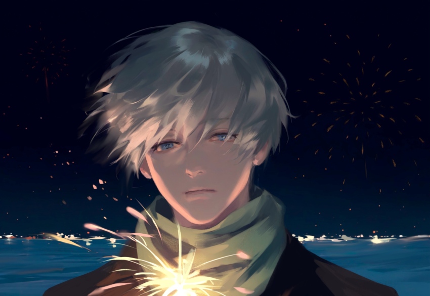 1boy aerial_fireworks black_coat blue_eyes chinese_commentary city closed_mouth coat commentary_request expressionless eyelashes fireworks floating_hair green_scarf hair_between_eyes highres holding holding_fireworks light_frown lips love_and_deepspace male_focus night night_sky ocean outdoors scarf short_hair sky solo sparkler tanxianjia_xiaomao upper_body white_hair wind xavier_(love_and_deepspace)