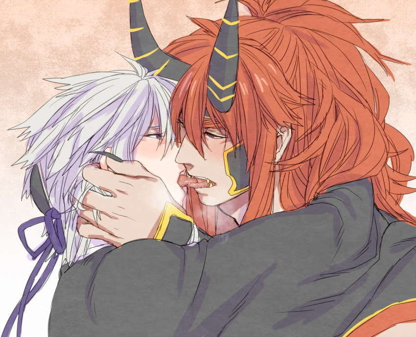 2boys claws drooling fangs hair_ornament heterochromia horns kiss long_hair male_focus multiple_boys musou_orochi musou_orochi_2 purple_eyes red_hair saliva short_hair shuten_doji silver_hair size_difference tagme taigong_wang_(musou_orochi) yaoi yellow_eyes