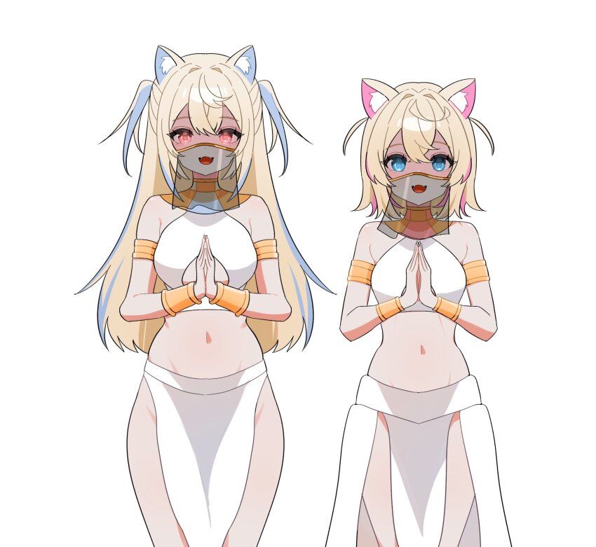 2girls :d ancient_egyptian_clothes animal_ear_fluff animal_ears armlet bare_shoulders blonde_hair blue_eyes blue_hair bracer breasts colored_inner_animal_ears dog_ears dog_girl egyptian_trend_(meme) empty_eyes fangs fuwawa_abyssgard groin hair_between_eyes hair_intakes hana20000920 highres hololive hololive_english jewelry large_breasts long_hair looking_at_viewer meme midriff mococo_abyssgard mouth_veil multicolored_hair multiple_girls navel open_mouth palms_together pelvic_curtain pink_hair see-through_clothes see-through_veil shaded_face short_hair siblings simple_background sisters small_breasts smile streaked_hair twins two-tone_hair two_side_up usekh_collar veil virtual_youtuber white_background