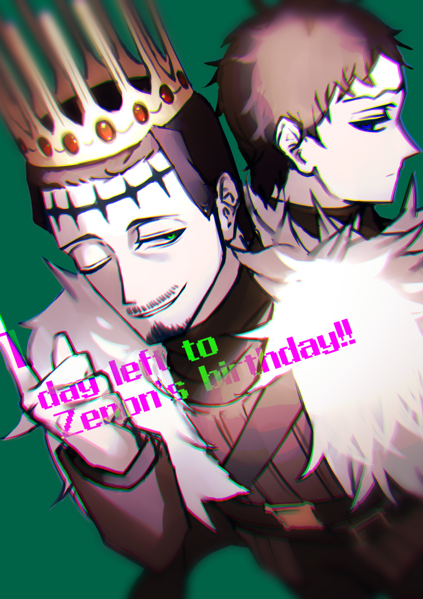 2boys absurdres black_clover black_hair blue_eyes brothers crown dante_zogratis english_text facial_hair frit_2 fur_trim green_background green_eyes highres looking_back markings multiple_boys pointing siblings smirk zenon_zogratis