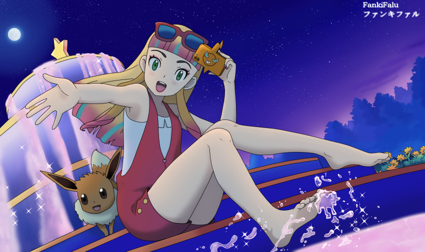 1girl bare_legs barefoot eevee fankifalu feet flower fountain gen_1_pokemon gen_4_pokemon green_eyes highres moon multicolored_hair night night_sky nintendo pokemon pokemon_(anime) pokemon_the_movie:_the_power_of_us risa_(pokemon) rotom rotom_phone sitting sky smile soles sunglasses toes tree water watermark
