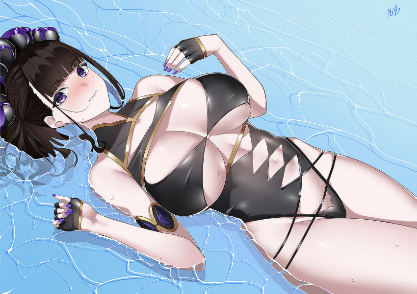 1girl armlet bare_shoulders black_gloves black_one-piece_swimsuit breasts covered_navel fate/grand_order fate_(series) fingerless_gloves flower gloves gold_trim hair_flower hair_ornament hair_up half_gloves highleg highleg_one-piece_swimsuit highres jewelry kurozawa_yui large_breasts long_hair looking_at_viewer lying murasaki_shikibu_(fate) murasaki_shikibu_(swimsuit_rider)_(fate) murasaki_shikibu_(swimsuit_rider)_(first_ascension)_(fate) nail_polish on_back one-piece_swimsuit ponytail purple_eyes purple_hair solo swimsuit thighs water wet