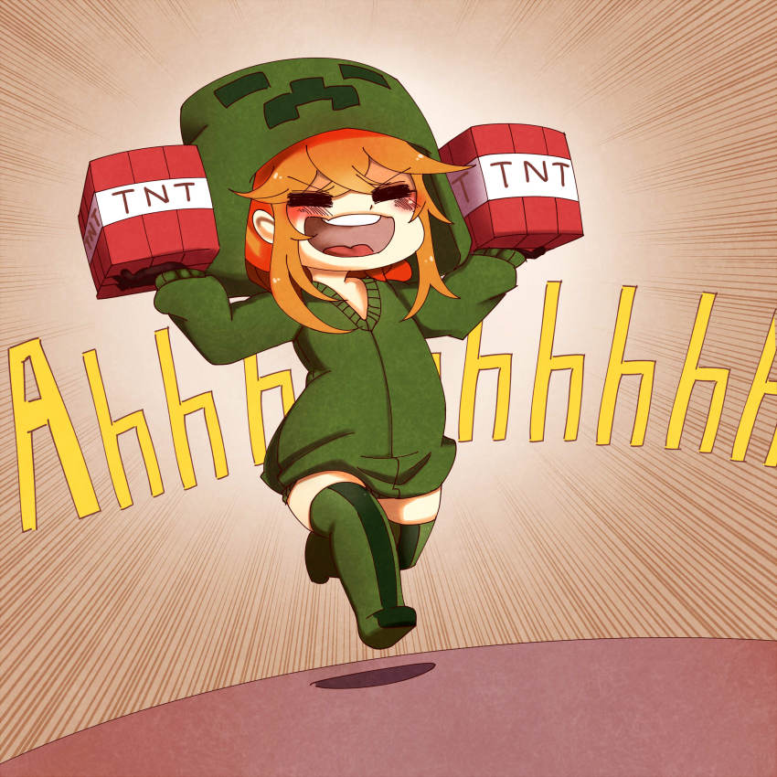 1girl :d =_= absurdres at2. beheaded_kamikaze blonde_hair blush_stickers chibi closed_eyes creeparka creeper cupa_(at2.) emphasis_lines explosive female_focus full_body gloves green_thighhighs hair_between_eyes highres holding hood hoodie long_sleeves minecraft mob_talker open_mouth parody personification running serious_sam shadow short_hair sidelocks smile solo thighhighs tnt tnt_block_(minecraft) tongue