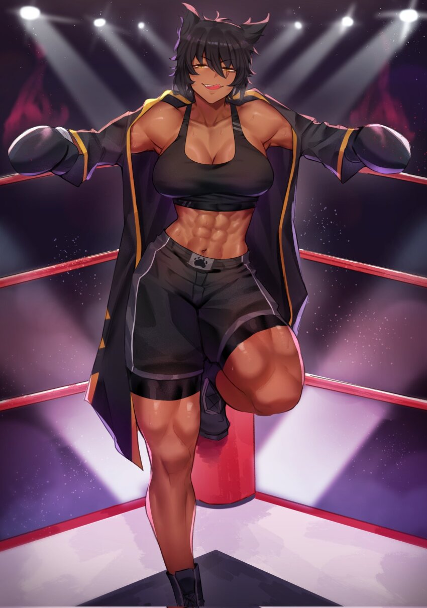 1girl abs animal_ears black_hair boxer boxing boxing_gloves boxing_ring boxing_shorts breasts cat_ears cat_girl cleavage commentary dark_skin deccatezu english_commentary highres leila_(awastedninja) muscular muscular_female original paw_print short_hair shorts smile solo spotlight sweat tank_top tongue tongue_out yellow_eyes