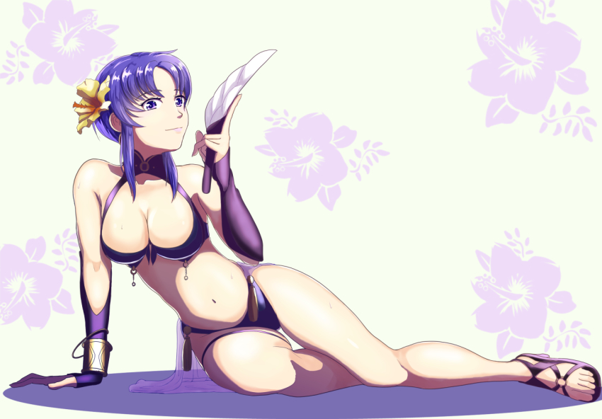 1girl bikini breasts cleavage commentary_request detached_sleeves feathers female_focus fire_emblem fire_emblem:_the_blazing_blade fire_emblem_heroes floral_background flower hair_flower hair_ornament large_breasts navel nintendo purple_bikini purple_eyes purple_hair purple_sandals purple_sleeves sandals short_hair sleeves_past_wrists solo sukkirito_(rangusan) swimsuit ursula_(fire_emblem) ursula_(summer)_(fire_emblem)