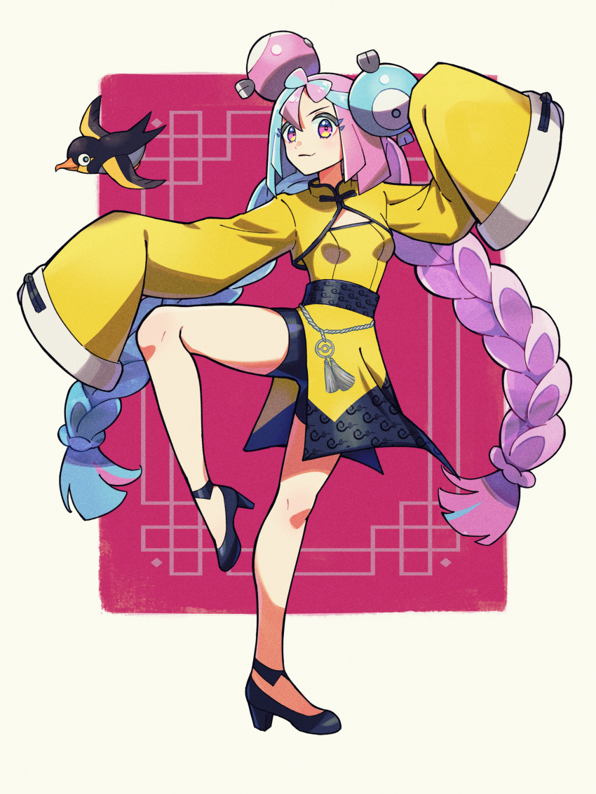1girl absurdres adapted_costume black_footwear bow-shaped_hair braid character_hair_ornament closed_mouth commentary_request full_body hair_ornament high_heels highres iono_(pokemon) jacket knees leg_up legs long_sleeves multicolored_hair nintendo nori_(hgdm2784) pokemon pokemon_(creature) pokemon_sv sleeves_past_fingers sleeves_past_wrists smile twin_braids twintails two-tone_hair wattrel yellow_jacket