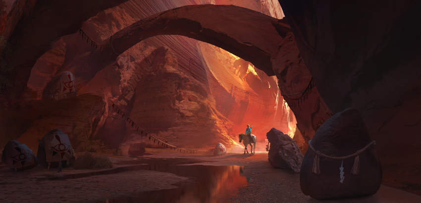 1boy animal blonde_hair blue_shirt commentary day highres horse link male_focus nintendo outdoors pixiescout scenery shirt short_hair sitting sitting_on_animal sword the_legend_of_zelda the_legend_of_zelda:_breath_of_the_wild valley water weapon