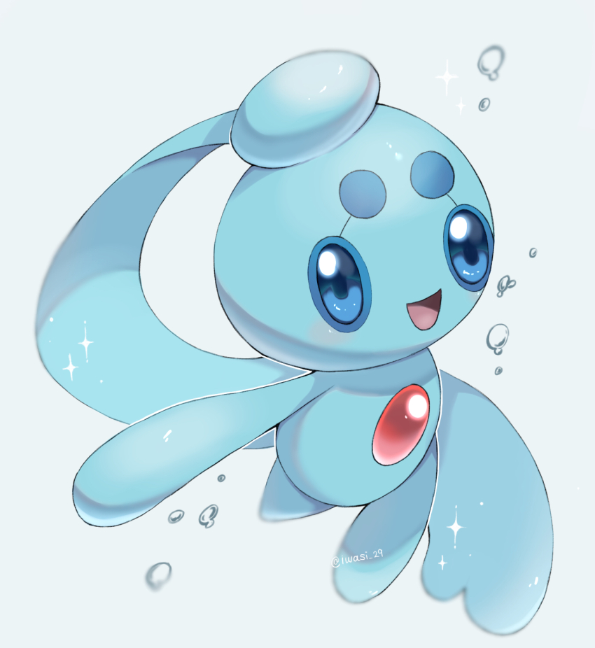 :d animal_focus artist_name blue_eyes chest_jewel commentary_request gen_4_pokemon highres iwasi_29 mythical_pokemon nintendo no_humans open_mouth phione pokemon pokemon_(creature) simple_background smile sparkle twitter_username water white_background