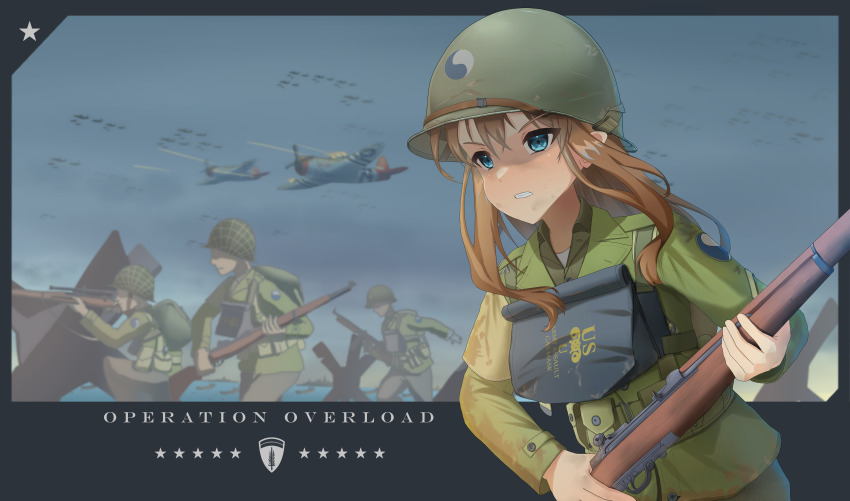 1girl 3boys absurdres aiming aircraft airplane backpack bag blue_eyes blurry blurry_background bolt_action brown_hair clenched_teeth cloud cloudy_sky commentary_request d-day dirty dirty_clothes dirty_face faceless faceless_male firing gun helmet highres horizon kneeling landing_craft leochan1202 load_bearing_equipment long_hair m1903_springfield m1_garand military_uniform military_vehicle multiple_boys original overlapped_images propeller_fighter rifle running scope ship sky soldier submachine_gun teeth thompson_submachine_gun war watercraft weapon world_war_ii yin_yang