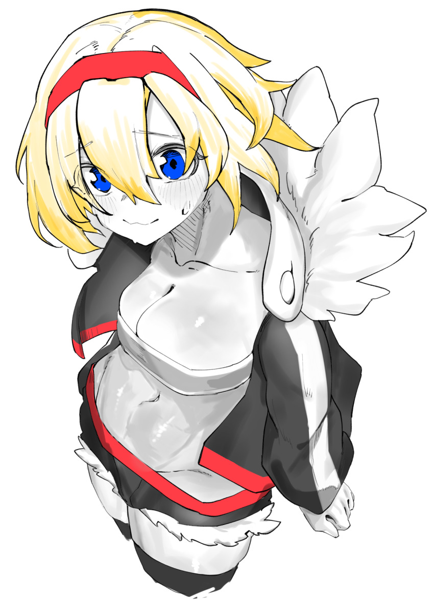 1girl alice_margatroid bandeau black_jacket black_shorts blonde_hair blue_eyes blush breasts cleavage closed_mouth commentary_request cookie_(touhou) cosplay cowboy_shot hair_between_eyes hairband highres jacket large_breasts long_bangs looking_at_viewer navel niwamaru_(niwarhythm) niwamaru_(niwarhythm)_(cosplay) niwarhythm_(style) open_clothes open_jacket original parody red_hairband sakuranbou_(cookie) short_hair short_shorts shorts simple_background smile solo style_parody touhou wavy_mouth white_background whiterolo