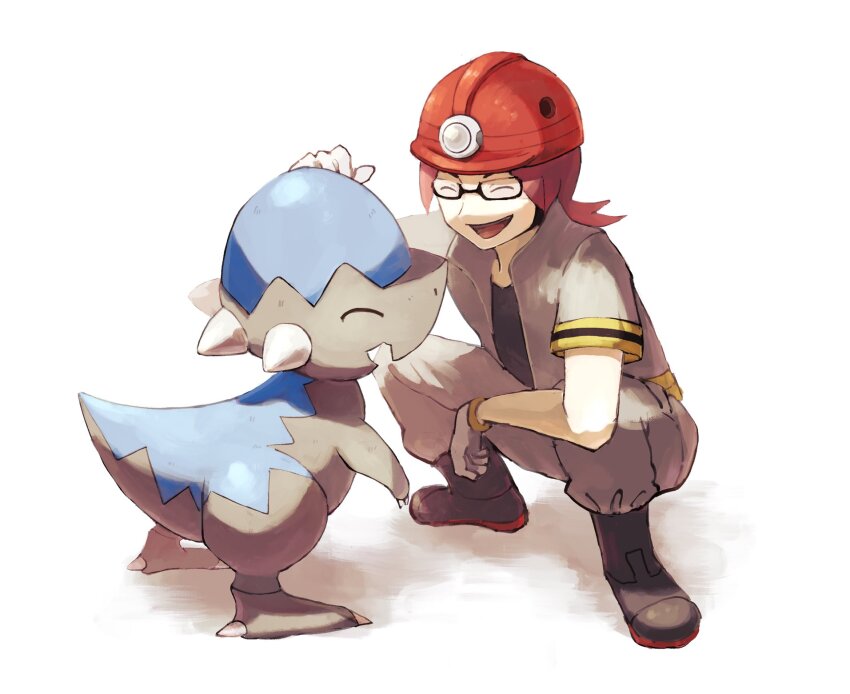 1boy ^_^ bishamon_(usagi_ba) black-framed_eyewear black_boots boots clawed_feet claws closed_eyes collared_jacket cranidos elbow_on_knee game_freak gen_4_pokemon grey_jacket grey_pants grin hand_on_another&#039;s_head helmet highres jacket male_focus mining_helmet nintendo open_clothes open_jacket open_mouth pants pokemon pokemon_(creature) pokemon_dppt popped_collar rectangular_eyewear red_helmet roark_(pokemon) semi-rimless_eyewear short_sleeves smile solo spikes white_background