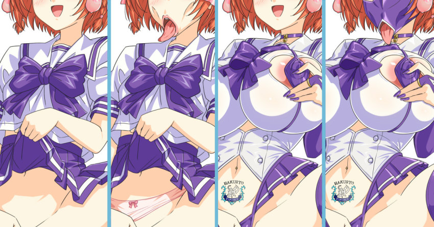 1girl braid breasts clothes_lift corruption gozaru kimi_ga_nozomu_eien nippleless_clothes pubic_tattoo red_hair school_uniform skirt skirt_lift suzumiya_haruka tattoo