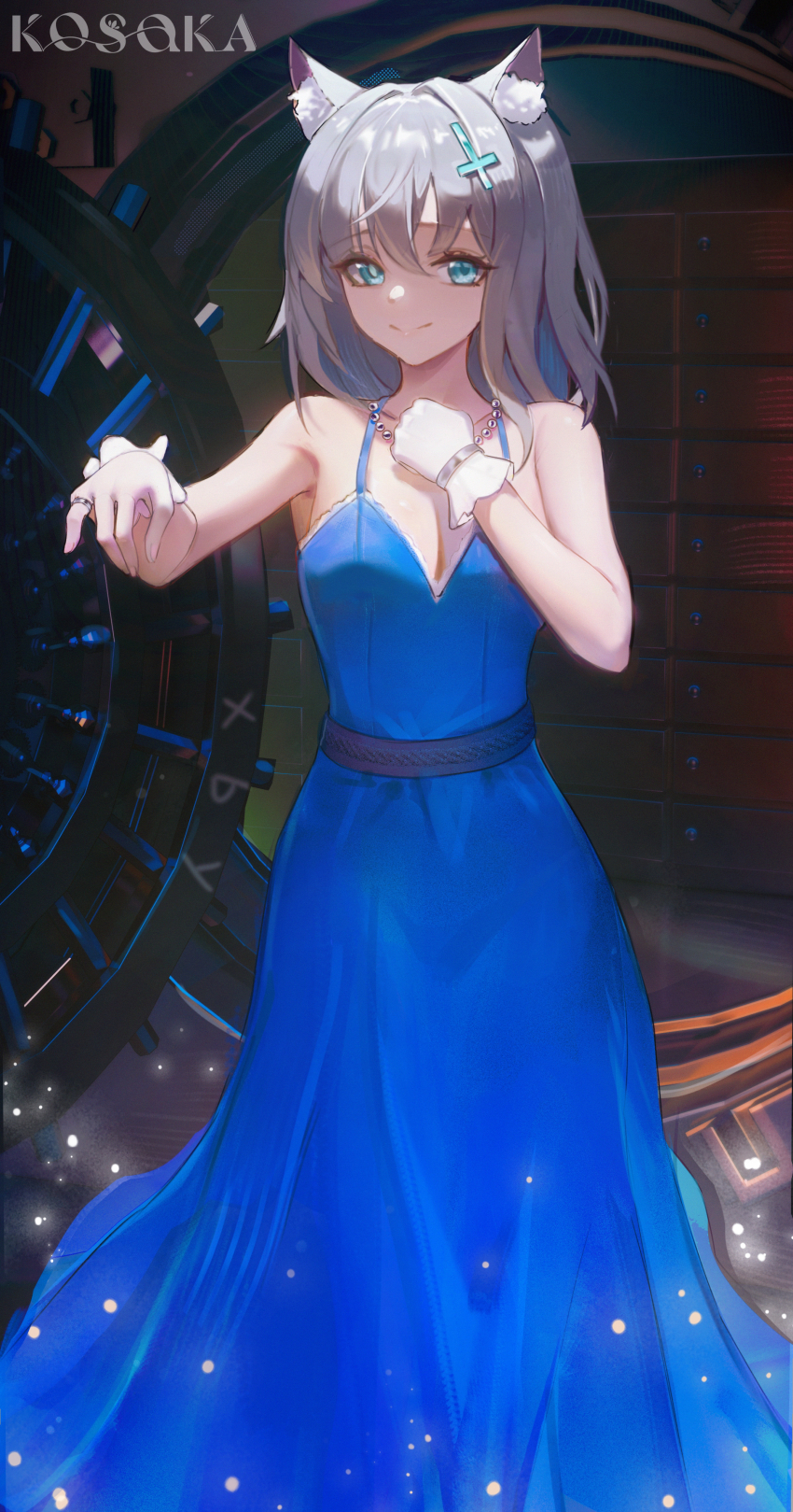 1girl absurdres animal_ear_fluff animal_ears aqua_eyes artist_name bank bare_shoulders blue_archive blue_dress breasts chinese_commentary cleavage closed_mouth commentary_request dress dress_straps evening_gown gloves grey_hair hair_ornament highres jewelry kosaka_kaslana large_breasts looking_at_viewer medium_hair ring shiroko_(blue_archive) sleeveless sleeveless_dress smile solo white_gloves x_hair_ornament