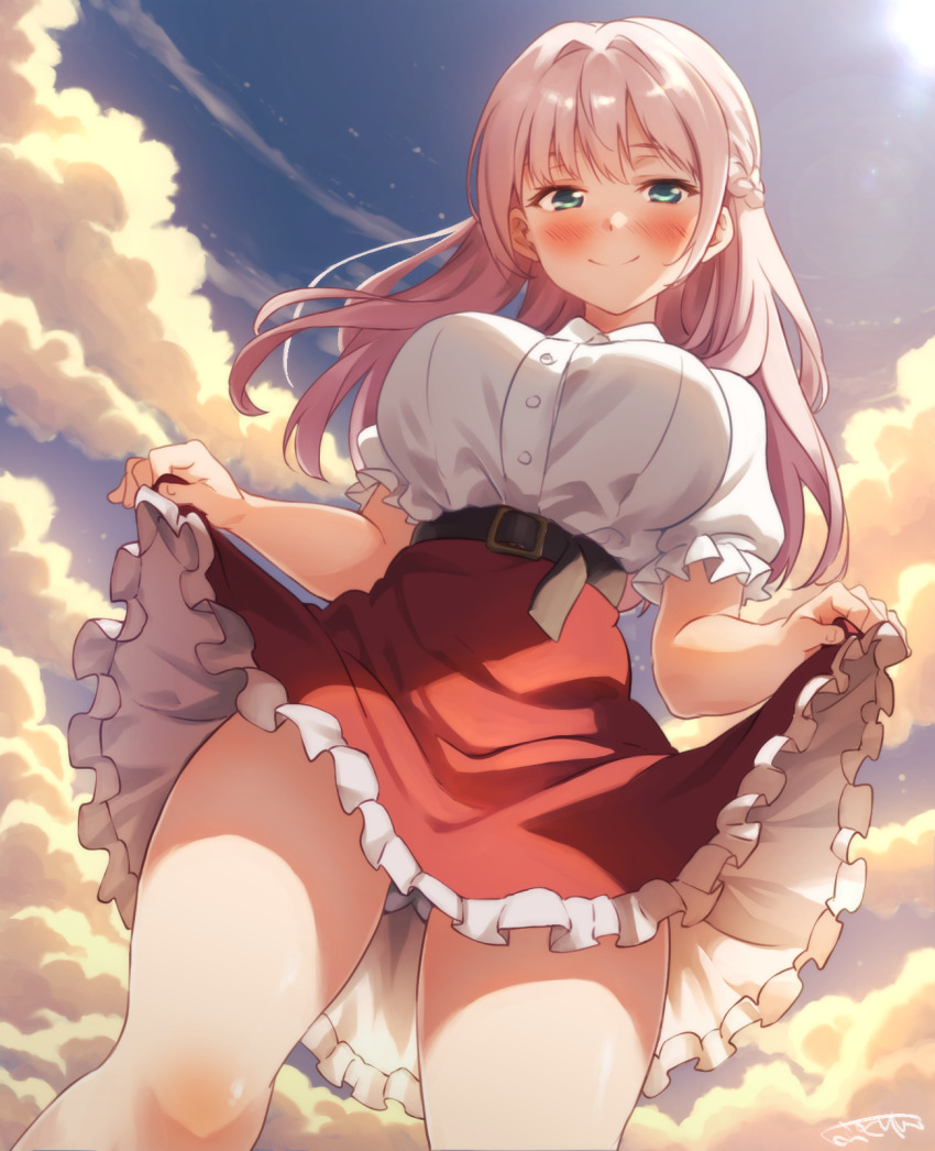 1girl belt blouse blue_eyes blush braid breasts buttons cloud cloudy_sky curtsey french_braid frilled_skirt frills high-waist_skirt highres large_breasts long_hair looking_at_viewer original outdoors pink_hair pukur red_skirt shirt shirt_tucked_in skirt sky smile solo sunlight thighs white_shirt
