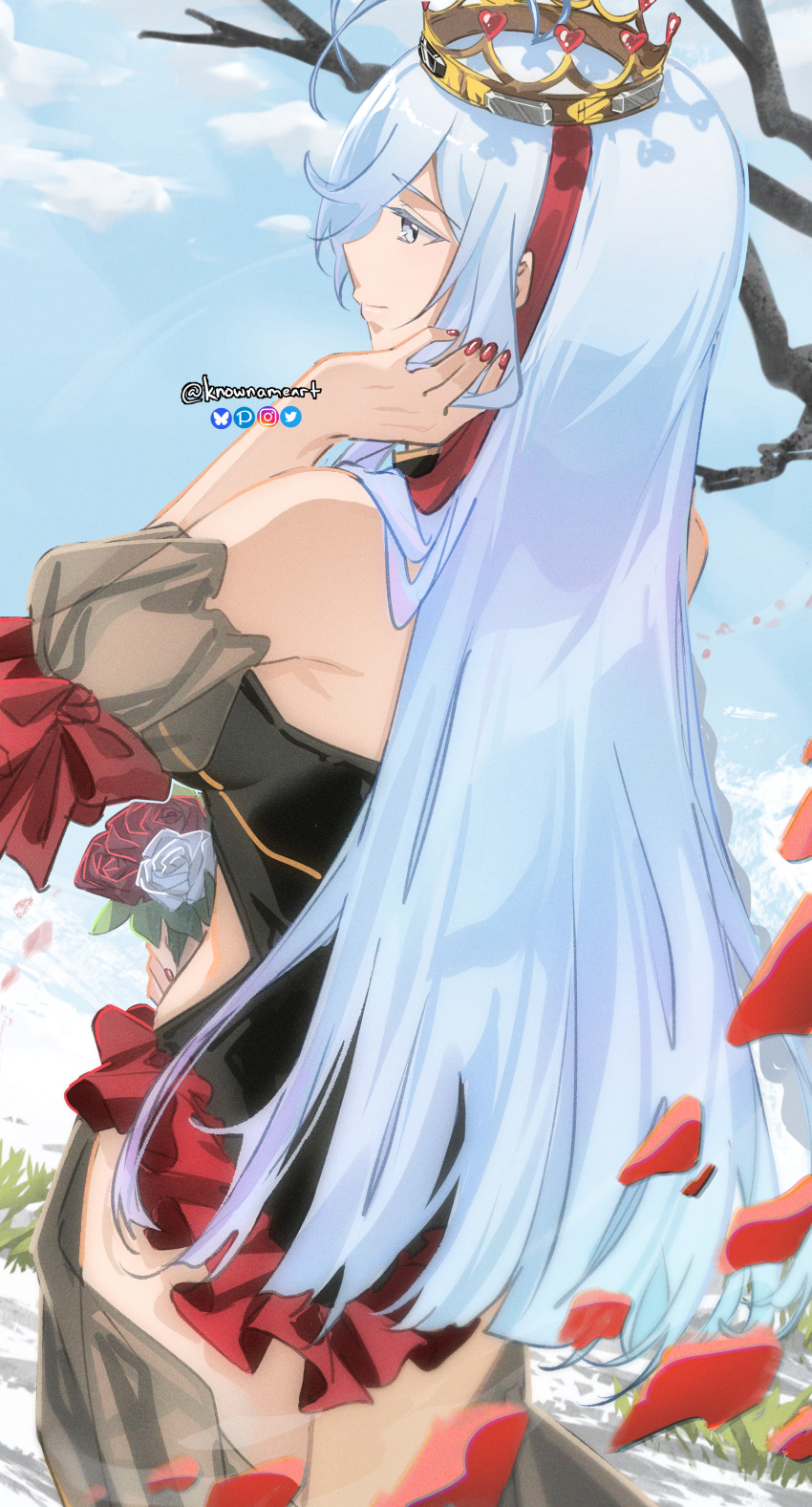 1girl 86_-eightysix- absurdres bouquet cowboy_shot crown day detached_sleeves flower from_behind highres holding holding_bouquet knowname long_hair outdoors red_flower red_nails red_petals red_rose red_streaks rose solo very_long_hair vladilena_millize white_flower white_hair white_rose