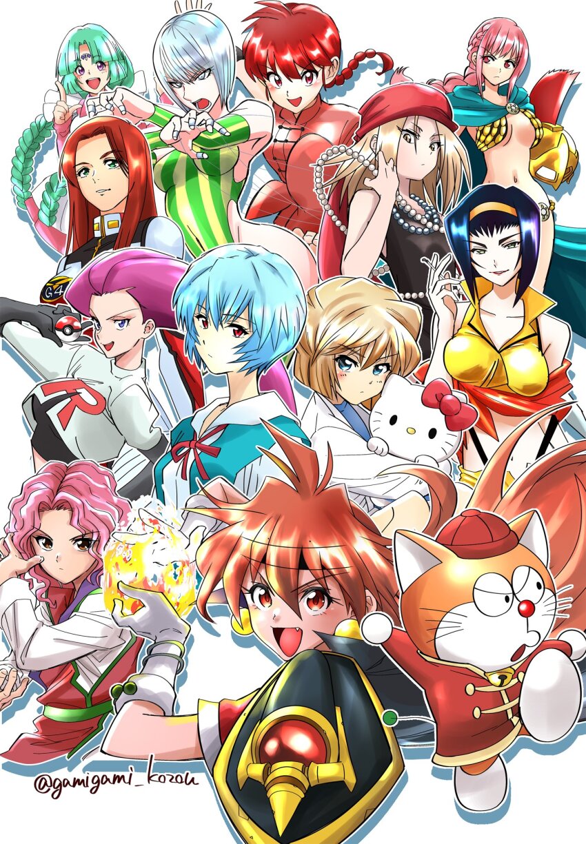 6+girls armor ayanami_rei bikini_armor blue_hair breasts brown_hair canal_vorfeed chinese_clothes christina_mackenzie cowboy_bebop crop_top crossover doraemon fang faye_valentine gamigami_maou_(artist) genkai_(young) gloves green_hair gundam gundam_0080 haibara_ai hat hayashibara_megumi hello_kitty hello_kitty_(character) highres holding holding_poke_ball jessie_(pokemon) karakuri_circus kyouyama_anna lina_inverse lost_universe meitantei_conan multiple_girls neon_genesis_evangelion nintendo one_piece pink_hair poke_ball pokemon pokemon_(anime) police ranma-chan ranma_1/2 rebecca_(one_piece) red_eyes red_hair red_hat sanrio shaman_king shirogane_(karakuri_circus) short_hair slayers smile the_doraemons vest voice_actor_connection wang_dora white_gloves yellow_vest yuu_yuu_hakusho