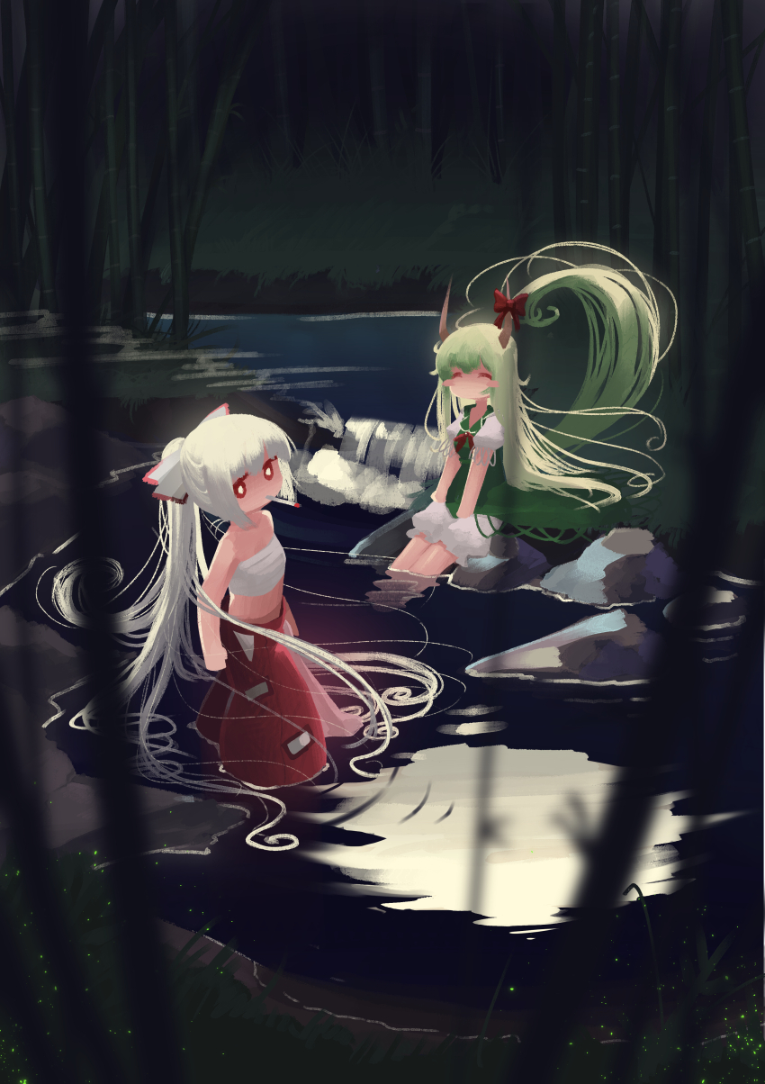 2girls absurdres arms_at_sides bamboo bamboo_forest bare_shoulders bloomers blunt_bangs blush_stickers bow bright_pupils cigarette closed_eyes commentary dress ex-keine fireflies forest fujiwara_no_mokou full_moon grass green_dress green_hair hair_bow hands_on_own_knees highres horn_bow horn_ornament horns kamishirasawa_keine long_hair looking_at_viewer moon multiple_girls nature neckerchief no_mouth ofuda ofuda_on_clothes on_ground outdoors pants ponytail puffy_short_sleeves puffy_sleeves red_bow red_eyes red_neckerchief red_pants reflection river rock sarashi short_sleeves sitting smoke soaking_feet standing sweet_reverie touhou underwear very_long_hair wading water white_bloomers white_bow white_hair white_pupils white_sleeves