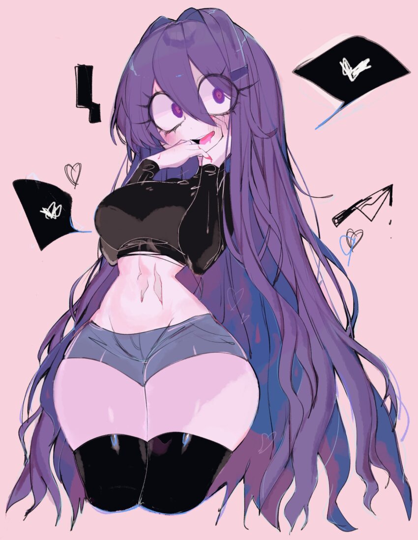 1girl blue_shorts crazy denim denim_shorts doki_doki_literature_club heart highres long_hair long_sleeves navel purple_eyes purple_hair shorts simple_background solo thick_thighs thighhighs thighs usa37107692 wide_hips yuri_(doki_doki_literature_club)