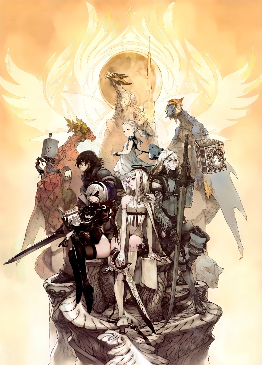 2b_(nier:automata) absurdres angel_(drag-on_dragoon) caim_(drag-on_dragoon) drag-on_dragoon drag-on_dragoon_3 fio_(nier) fujisaka_kimihiko grimoire_weiss highres mikhail_(drag-on_dragoon) nier:automata nier_(brother) nier_(series) nier_reincarnation non-web_source pod_(nier:automata) square_enix yashiro_seika zero_(drag-on_dragoon)