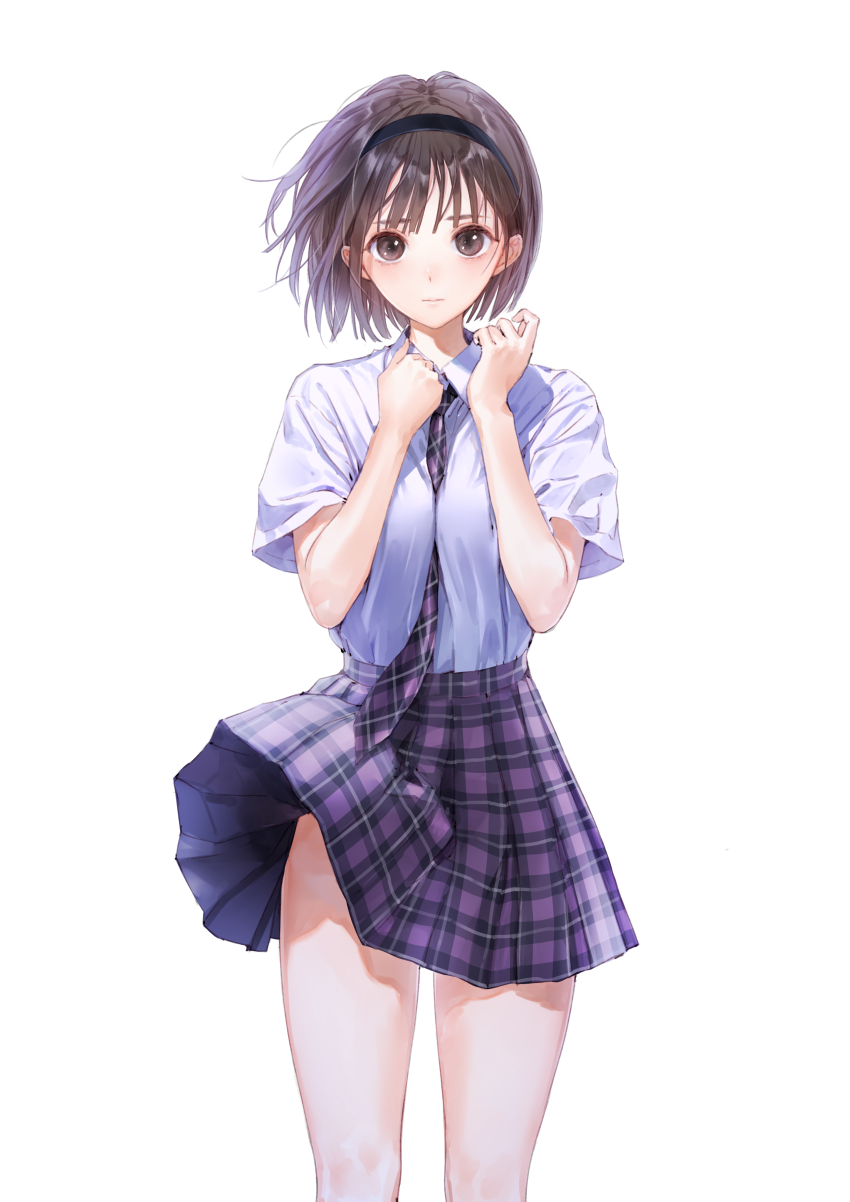 1girl absurdres black_hairband blue_reflection_(series) blue_reflection_tie breasts brown_eyes brown_hair cleavage commentary hairband hashtag-only_commentary highres hoshizaki_ao kishida_mel looking_at_viewer miniskirt necktie official_art plaid_clothes plaid_skirt pleated_skirt school_uniform shirt short_hair short_sleeves skirt solo thighs white_background white_shirt wind wind_lift