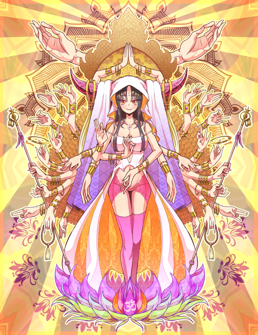 1girl alison_(alison_airlines) black_hair black_horns boots bracelet breasts buddhism chest_tattoo cleavage commentary cutout_above_navel dress extra_arms facial_mark fate/extra fate/extra_ccc fate/grand_order fate_(series) flower forehead_mark full_body gold_bracelet highres holding holding_staff horn_ornament horn_ring horns jewelry large_breasts long_hair looking_at_viewer mudra multicolored_horns outline panties parted_bangs pink_boots pink_flower pink_horns pink_panties rosary sessyoin_kiara sessyoin_kiara_(heaven&#039;s_hole) sessyoin_kiara_(third_ascension) shakujou sideboob sidelocks smile solo staff stomach_tattoo tassel tattoo thigh_boots underwear veil vitarka_mudra white_dress white_veil yellow_eyes yellow_outline
