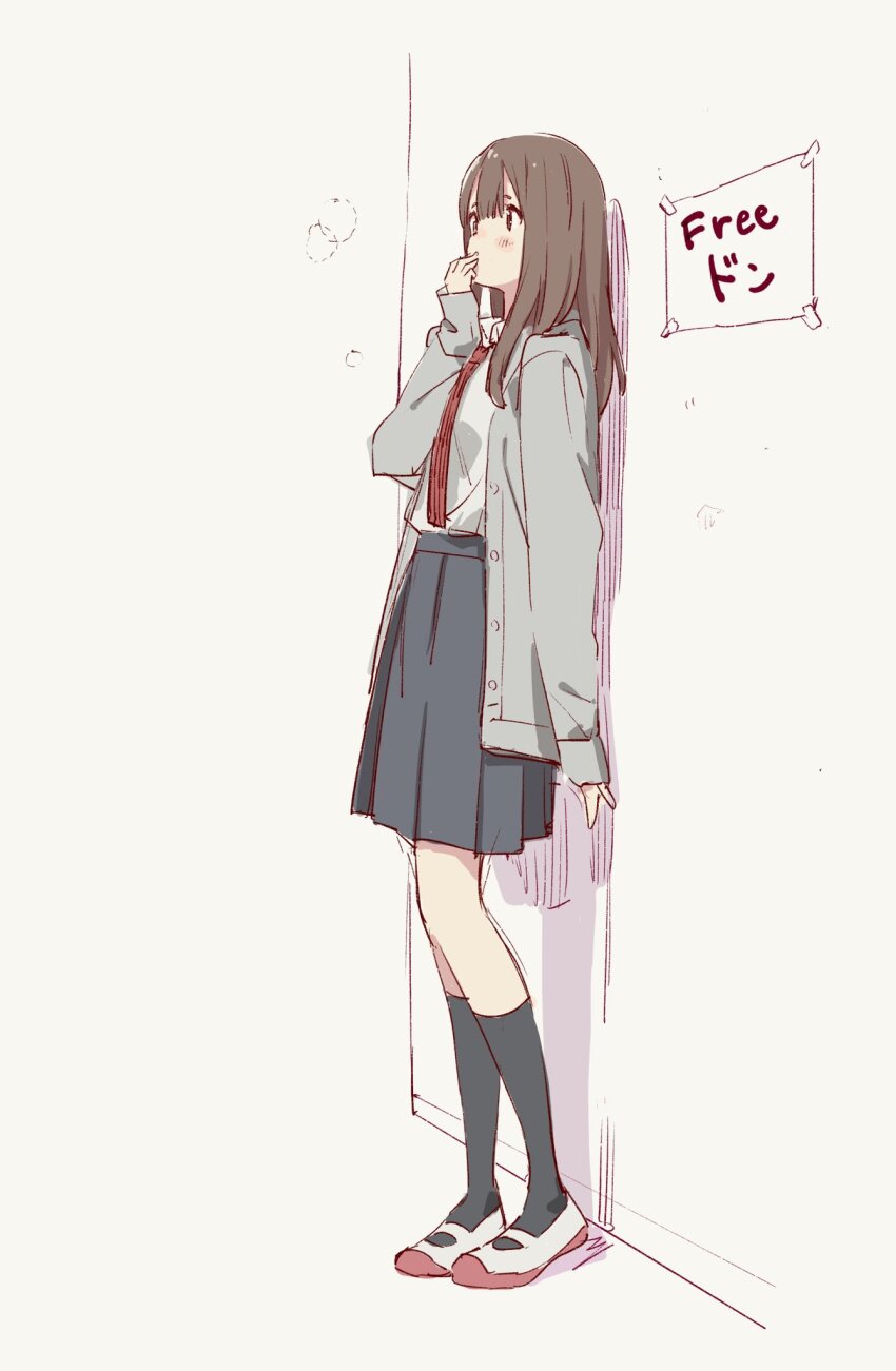 1girl black_skirt black_socks blush breasts brown_eyes brown_hair collared_shirt covering_own_mouth grey_jacket hand_over_own_mouth hand_up heavy_breathing highres implied_after_kiss jacket long_hair long_sleeves necktie open_clothes open_jacket original paper pleated_skirt popman3580 red_necktie shirt shirt_tucked_in shoes sign skirt sleeves_past_wrists small_breasts socks solo standing tape white_shirt white_shoes