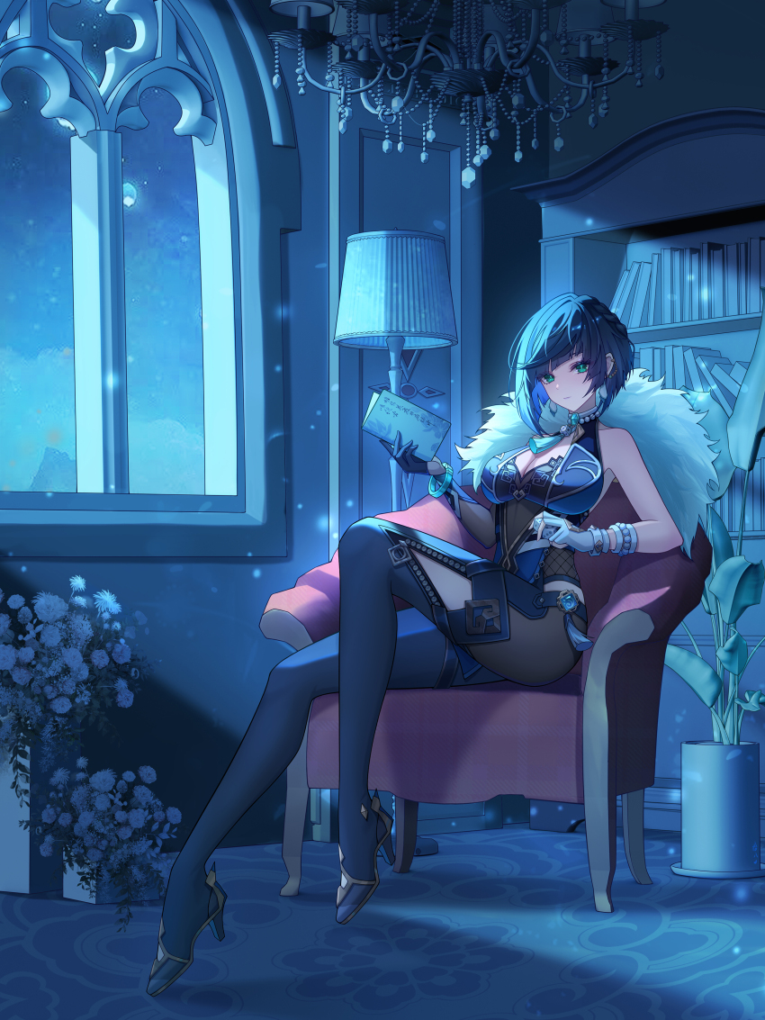 1girl absurdres bare_shoulders black_hair blue_hair blush bob_cut bookshelf breasts chair cleavage diagonal_bangs dice earrings full_body fur_trim genshin_impact gloves green_eyes highres jacket jewelry large_breasts looking_at_viewer mole multicolored_hair shibajun short_hair sitting smile solo yelan_(genshin_impact)