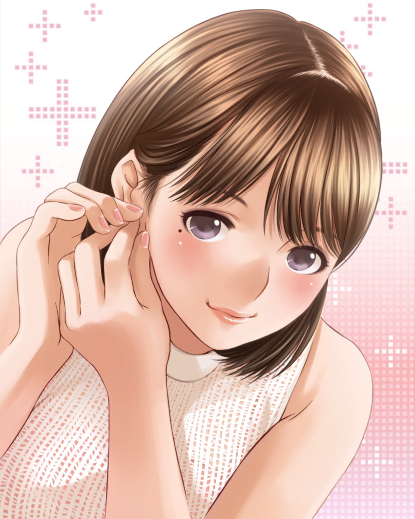 1girl anegasaki_nene bare_shoulders blush breasts brown_eyes brown_hair closed_mouth hands_on_own_face hands_up highres looking_at_viewer love_plus medium_hair mole mole_under_eye official_art pink_background pink_lips pink_nails plus_sign portrait solo two-tone_background white_background