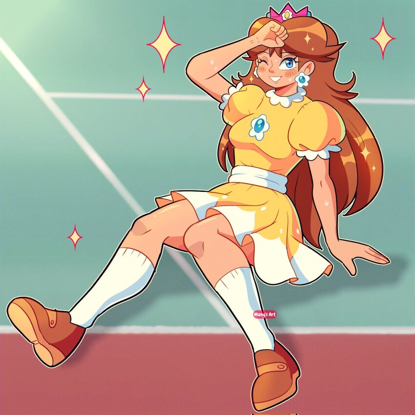 1girl arm_support artist_name blue_eyes brown_footwear brown_hair crown dress earrings flower_earrings full_body highres jewelry long_hair looking_at_viewer manysart1 mario_(series) mario_tennis mario_tennis_(nintendo_64) nintendo orange_dress outdoors princess princess_daisy puffy_short_sleeves puffy_sleeves short_dress short_sleeves sitting smile socks solo sparkle sweat sweatdrop tennis_court white_socks