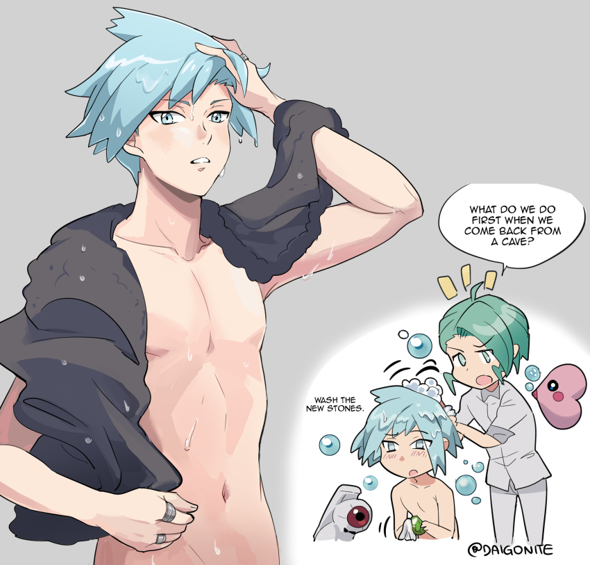 2boys alternate_color arm_up beldum blush bubble collared_shirt commentary foam gen_3_pokemon goro_orb green_hair grey_background highres holding jewelry luvdisc male_focus multiple_boys navel nintendo notice_lines nude pants parted_lips pokemon pokemon_(creature) pokemon_oras ring shiny_pokemon shirt short_hair speech_bubble steven_stone towel towel_around_neck wallace_(pokemon) washing_another wet wet_hair