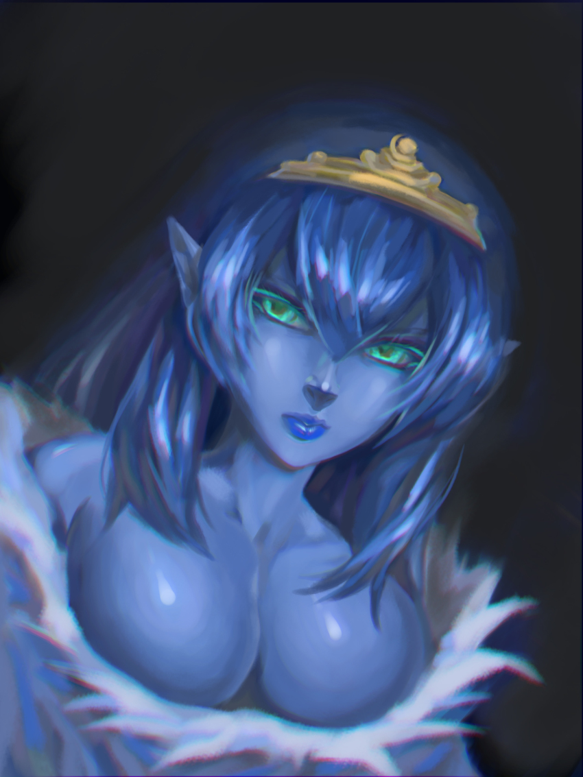 1girl black_background blue_hair blue_lips blue_skin breasts celsius_(tales) cleavage colored_skin expressionless female_focus green_eyes highres lipstick long_hair makeup monocro_neko pointy_ears shiny_skin simple_background solo tales_of_(series) tales_of_phantasia tales_of_phantasia:_narikiri_dungeon tales_of_phantasia:_narikiri_dungeon_x tiara