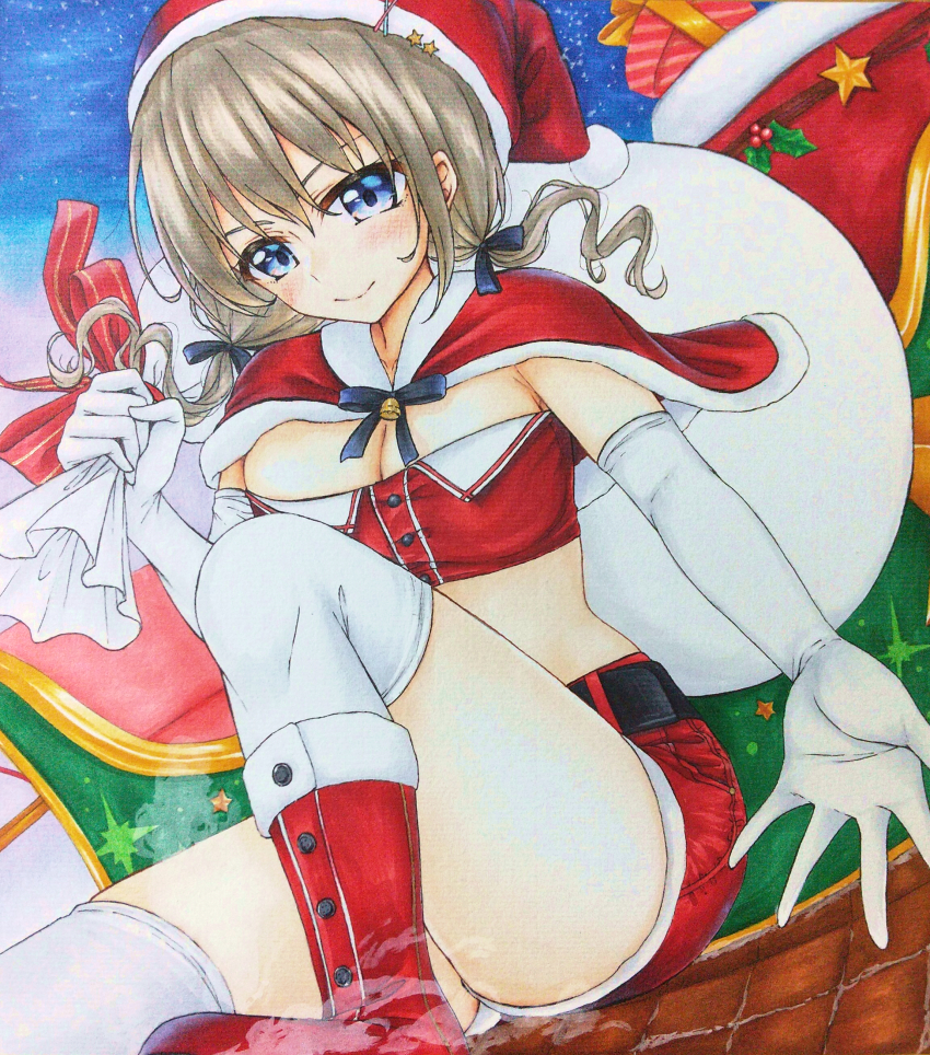 1girl absurdres bell blue_eyes boots breasts christmas elbow_gloves gift gloves hat highres large_breasts light_brown_hair long_hair looking_at_viewer marker_(medium) mini_dang01 original sack santa_boots santa_costume santa_hat short_shorts shorts smile solo star_(symbol) traditional_media white_gloves