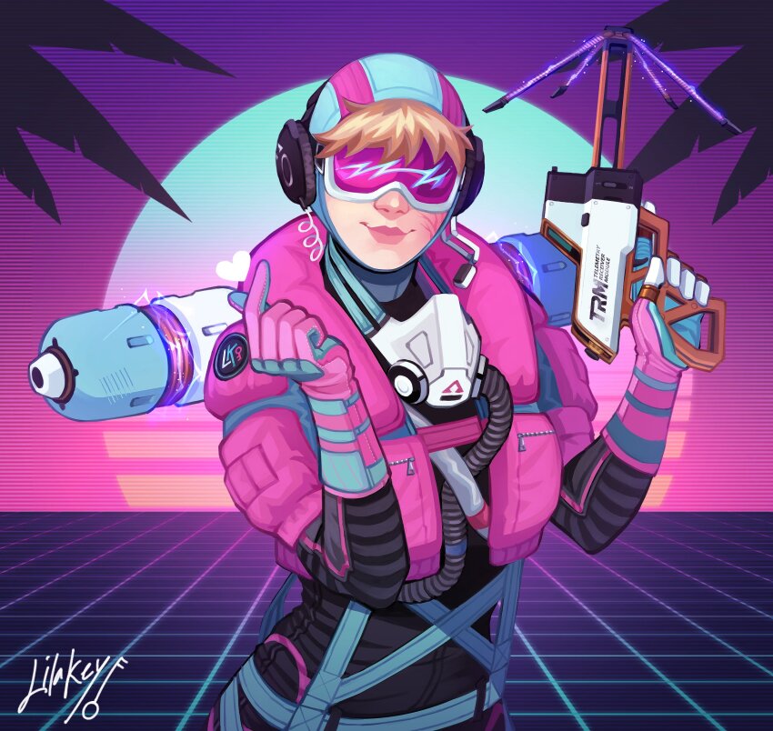 1girl apex_legends artist_name black_bodysuit blonde_hair bodysuit commentary electricity english_commentary facial_scar facing_viewer finger_heart goggles highres holding hood hood_up hooded_bodysuit lila_(lilakeylk) mask mask_around_neck official_alternate_costume pink_lips pink_vest scar scar_on_cheek scar_on_face smile solo synthwave vaporwave_wattson vest wattson_(apex_legends)
