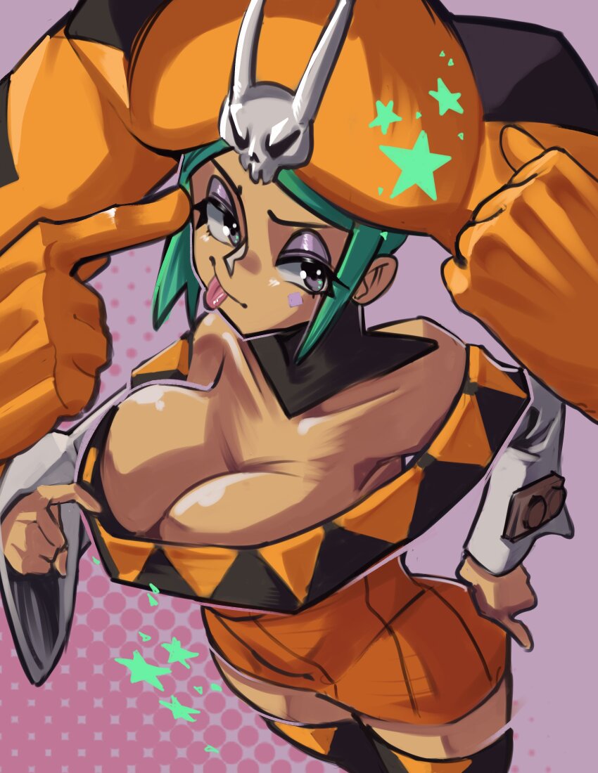 1girl absurdres breasts cerebella_(skullgirls) cleavage cleavage_reach clothes_pull cowboy_shot dark-skinned_female dark_skin dress eyeshadow green_hair grey_eyes hand_on_own_hip hat highres large_breasts makeup moxydraws pink_background shirt_pull short_dress skullgirls smile solo star_(symbol) thighhighs tongue tongue_out vice-versa_(skullgirls)