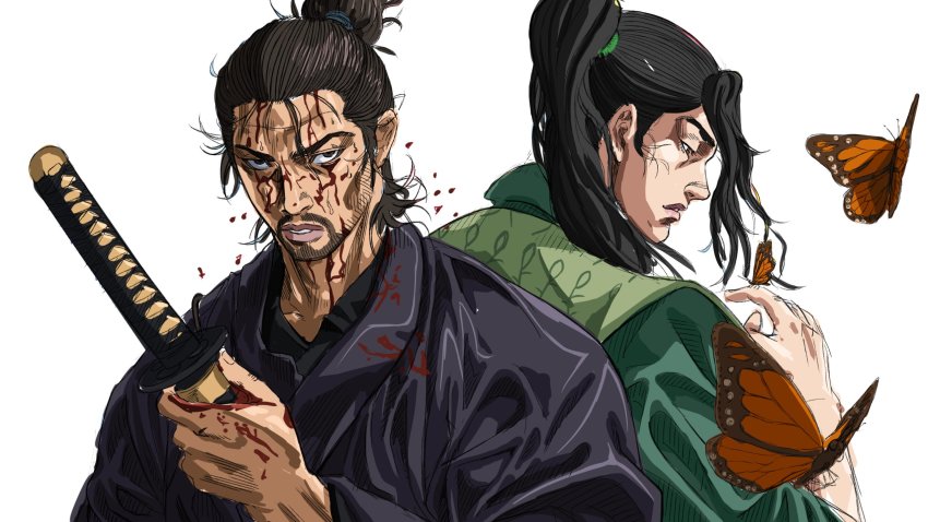2boys berserk black_hair blood blood_on_face brown_hair bug butterfly butterfly_on_hand grandguerrilla hair_bun highres holding holding_sword holding_weapon insect katana long_hair looking_at_viewer miyamoto_musashi_(vagabond) multiple_boys parted_lips ponytail sanpaku sasaki_kojirou_(vagabond) scabbard sheath single_hair_bun sword twitter_username unsheathing vagabond weapon