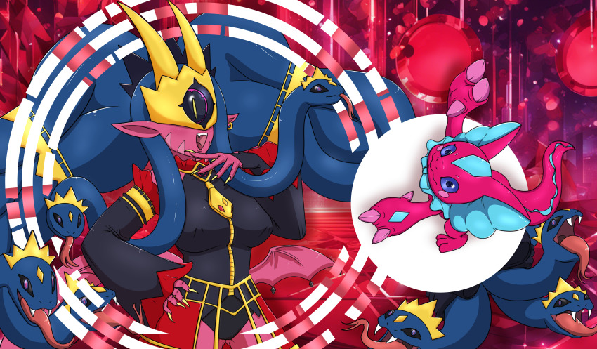 absurdres black_eyes black_sclera breasts chedx claws colored_sclera crown digimon digimon_(creature) earrings elizamon frills highres horns jewelry mask medusamon pointy_ears purple_sclera red_eyes tail tongue tongue_out wings