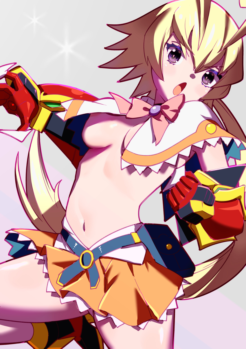 1girl absurdres amanohara_minori antenna_hair arcana_heart belt blonde_hair bow breasts capelet gauntlets highres jewelry long_hair looking_at_viewer medium_breasts navel open_mouth orange_skirt pink_bow purple_eyes revealing_clothes skirt solo toku_sonchou underboob white_capelet