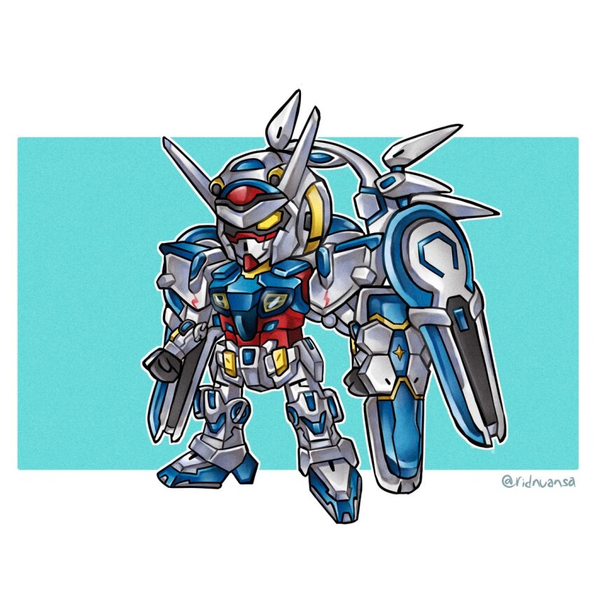 chibi g-self g-self_perfect_pack glowing glowing_eyes gundam gundam_g_no_reconguista highres mecha mecha_focus mobile_suit no_humans ridnuansa robot science_fiction simple_background solo twitter_username v-fin