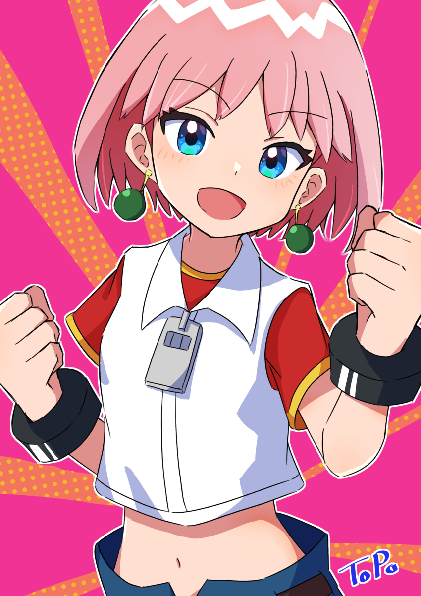 1girl :d beauty_(bobobo-bo_bo-bobo) blue_eyes bobobo-bo_bo-bobo clenched_hands earrings highres ink_gentleman jewelry looking_at_viewer midriff navel open_mouth pink_hair red_shirt shirt short_hair short_sleeves simple_background smile solo sphere_earrings upper_body