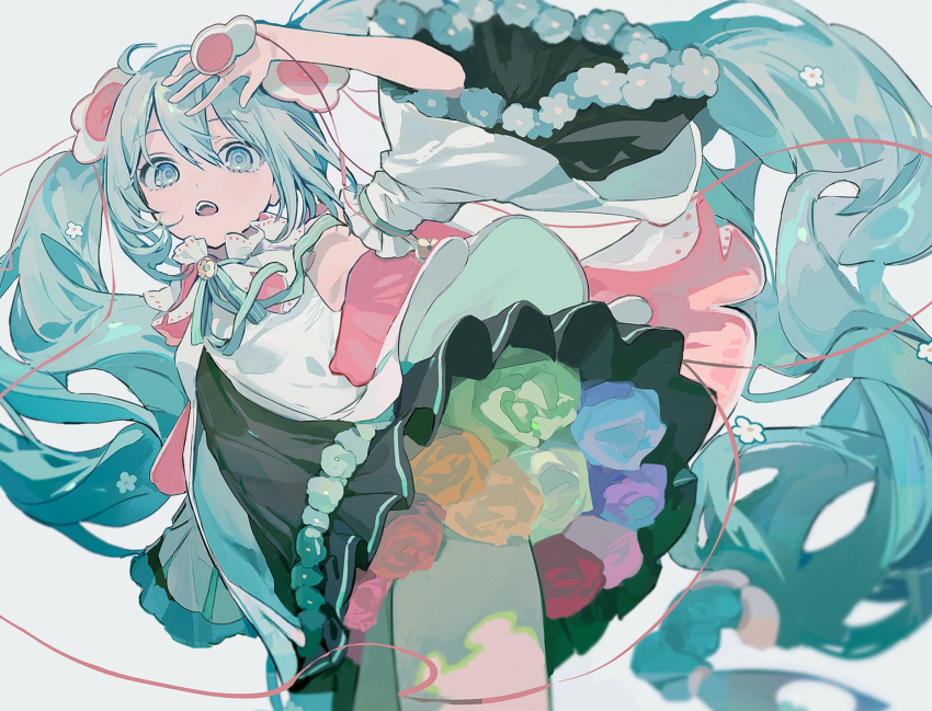 1girl ahoge aqua_eyes aqua_hair aqua_ribbon arm_up armpits black_skirt cape detached_sleeves flower gradient_hair hair_flower hair_ornament hatsune_miku highres long_hair long_sleeves magical_mirai_(vocaloid) magical_mirai_miku magical_mirai_miku_(2021) medallion multicolored_hair nenecrepe official_alternate_costume official_alternate_hairstyle open_mouth ribbon shirt simple_background skirt sleeveless sleeveless_shirt twintails very_long_hair vocaloid white_background white_shirt wide_sleeves