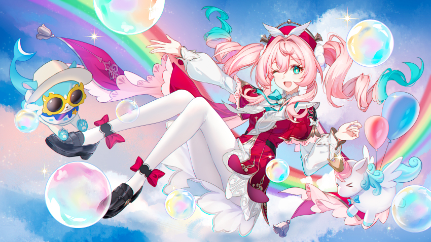 1girl 5plus absurdres ankle_bow ankle_ribbon aqua_bow aqua_bowtie aqua_eyes aqua_hair balloon black_shoes blue_sky bow bowtie breasts bubble bubbles_(honkai:_star_rail) commentary_request day dress gold_trim gradient_hair hair_between_eyes hand_up hat highres honkai:_star_rail honkai_(series) hyacine_(honkai:_star_rail) layered_dress little_ica_(honkai:_star_rail) loafers long_sleeves looking_at_viewer midair multicolored_hair one_eye_closed open_mouth pantyhose pink_hair rainbow red_bow red_dress red_hat ribbon shoes sidelocks sky small_breasts smile solo sparkle sunglasses twintails white_pantyhose