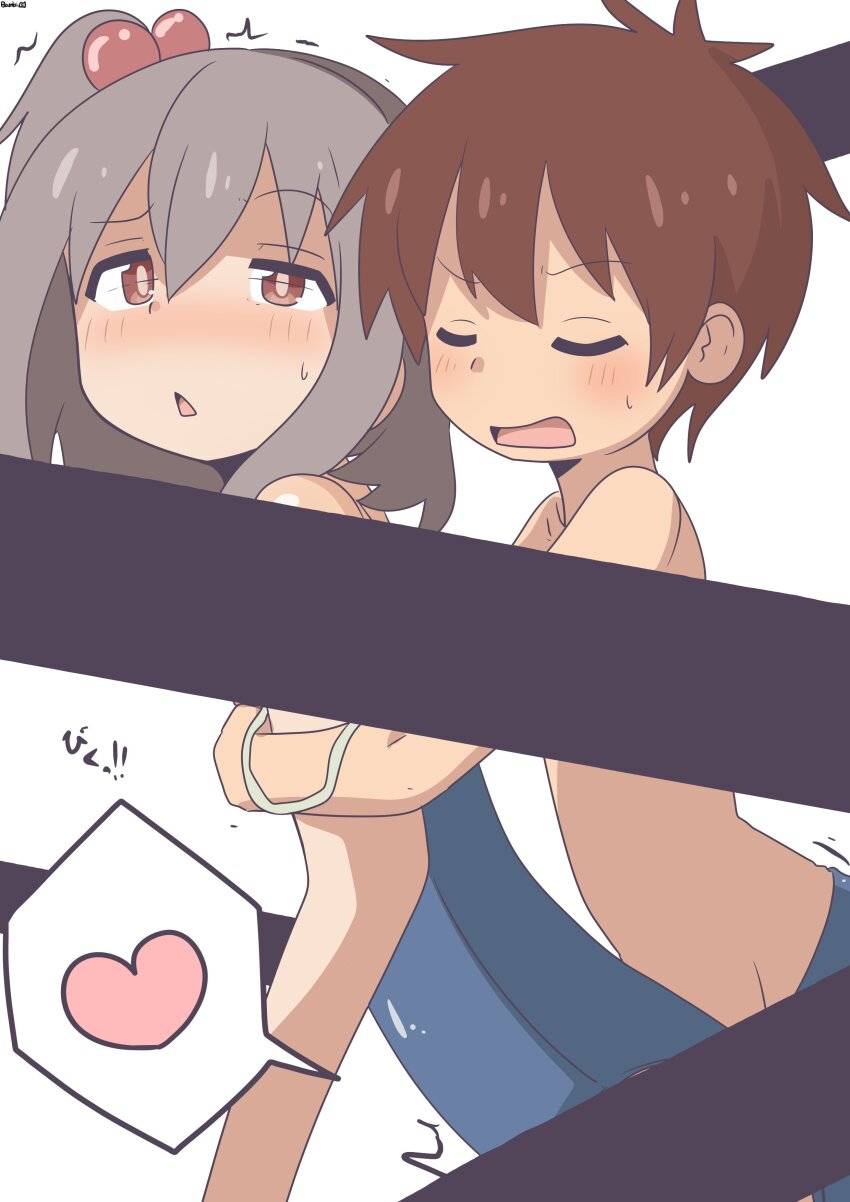 2boys ^^^ absurdres artist_name bambi2000line bar_censor blue_one-piece_swimsuit blush brown_eyes brown_hair censored closed_eyes commentary crossdressing grey_hair hair_between_eyes hair_bobbles hair_ornament heart highres implied_sex male_focus multiple_boys new_school_swimsuit one-piece_swimsuit onii-chan_wa_oshimai! sakurada_yuuta school_swimsuit senkawa_minato side_ponytail simple_background spoken_heart strap_slip swimsuit topless_male trap trap_on_trap triangle_mouth uneven_eyes white_background yaoi