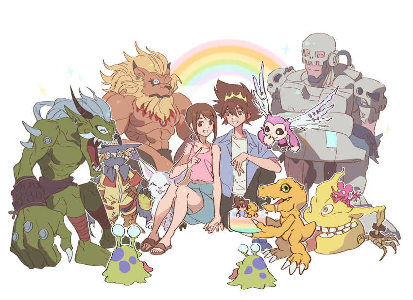 absurdres agumon android andromon brother_and_sister crown digimon digimon_(creature) digimon_adventure_tri. highres jacket leomon looking_at_viewer numemon orgemon picklemon scumon siblings skull smile tailmon tyumon wings wizarmon yagami_hikari yagami_taichi